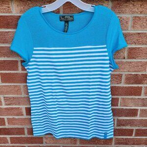 L-RL Lauren Active Ralph Lauren Tee Shirt Women's Size L Striped Blue &White